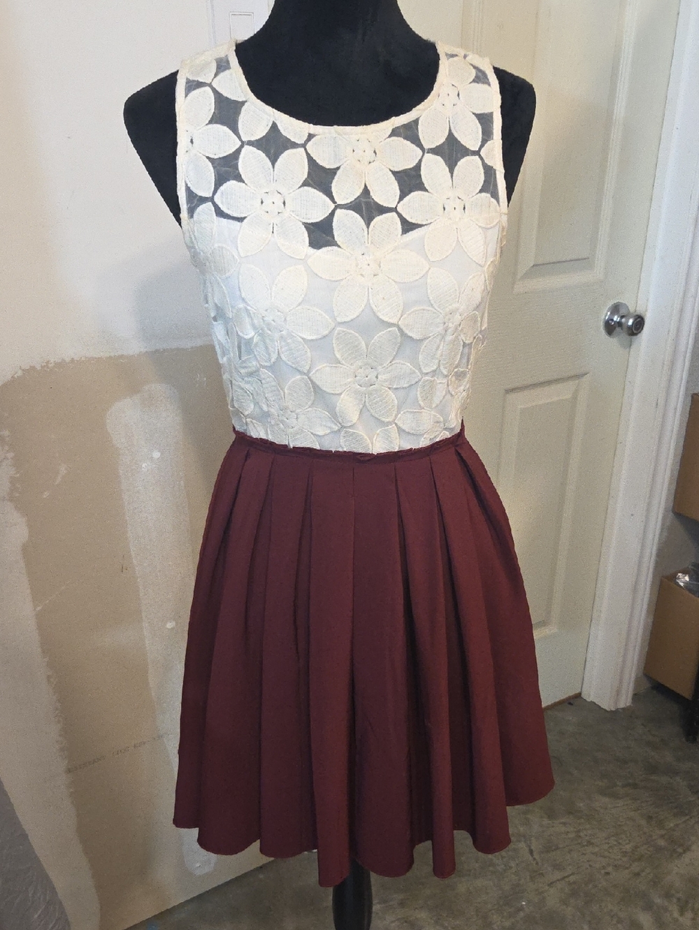Altar'd State Ivory Floral Lace Bodice Burgundy Skater Dress Mini ALine Elegant